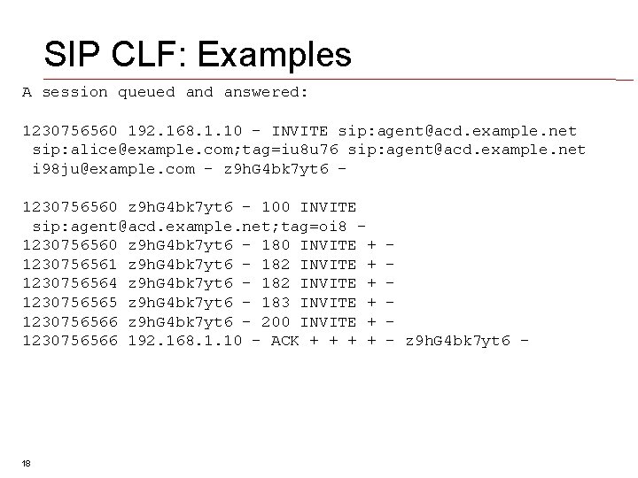 SIP CLF: Examples A session queued answered: 1230756560 192. 168. 1. 10 - INVITE