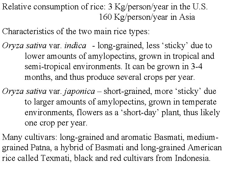 Relative consumption of rice: 3 Kg/person/year in the U. S. 160 Kg/person/year in Asia