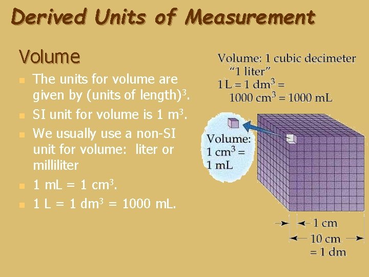 Derived Units of Measurement Volume n n n The units for volume are given