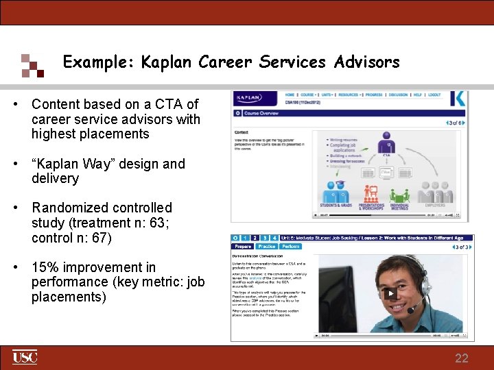 Example: Kaplan Career Services Advisors • Content based on a CTA of career service