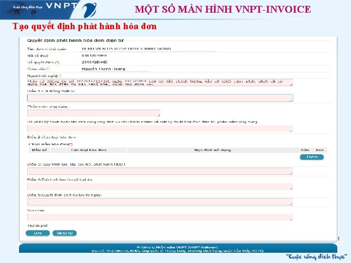 MỘT SỐ MÀN HÌNH VNPT-INVOICE Tạo quyết định phát hành hóa đơn 