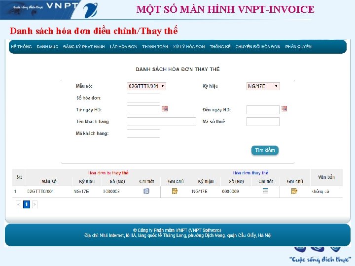 MỘT SỐ MÀN HÌNH VNPT-INVOICE Danh sách hóa đơn điều chỉnh/Thay thế 