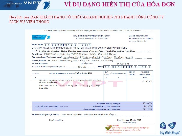 VÍ DỤ DẠNG HIỂN THỊ CỦA HÓA ĐƠN Hóa dơn của BAN KHÁCH HÀNG