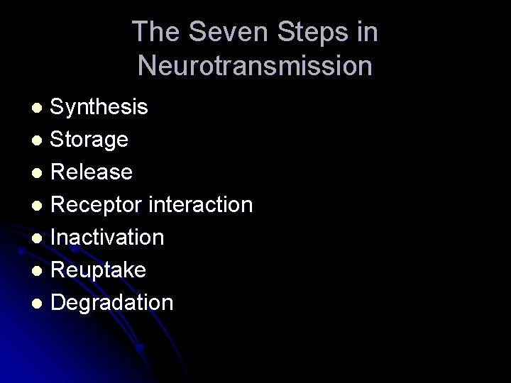 The Seven Steps in Neurotransmission Synthesis l Storage l Release l Receptor interaction l