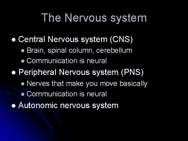The Nervous system l Central Nervous system (CNS) l Brain, spinal column, cerebellum l