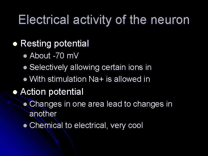 Electrical activity of the neuron l Resting potential l About -70 m. V l