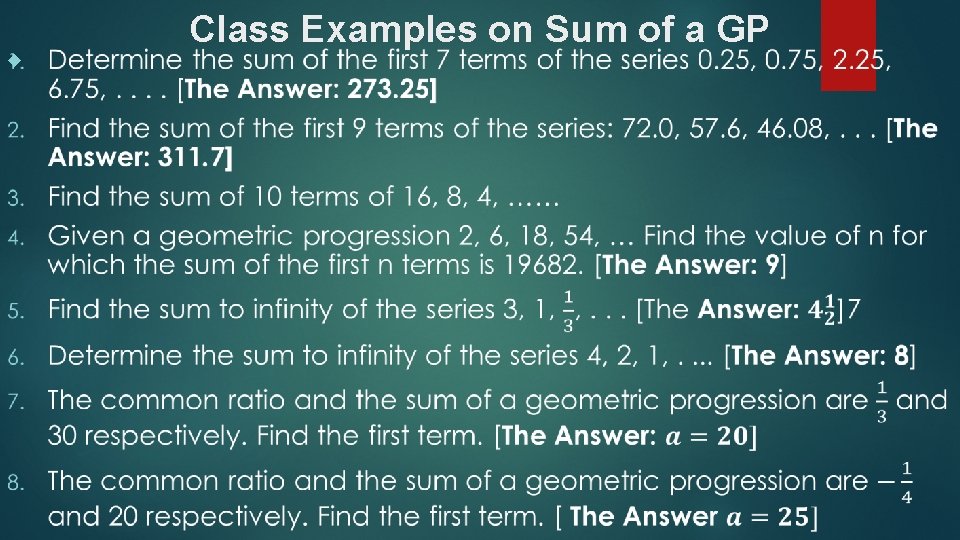  Class Examples on Sum of a GP 