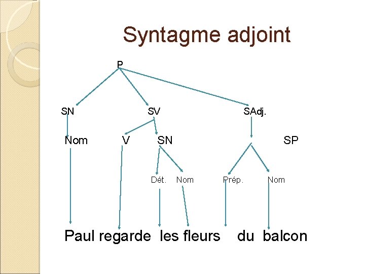 Syntagme adjoint P SN SV Nom V SN SAdj. SP Dét. Nom Prép. Nom