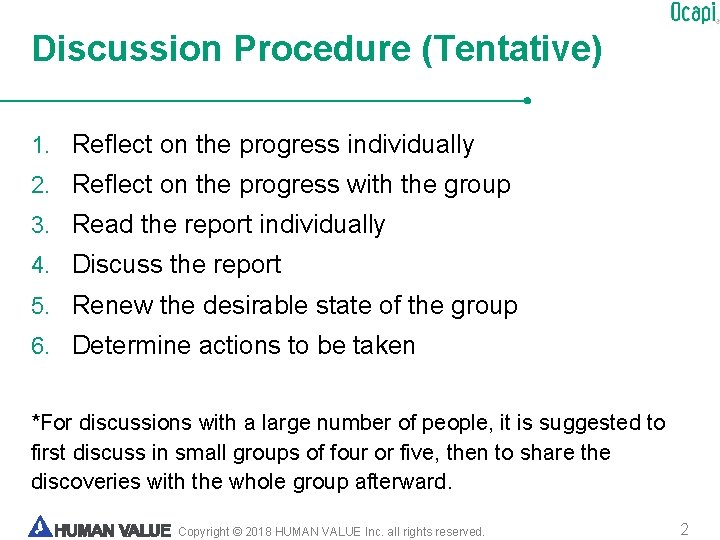 Discussion Procedure (Tentative) 1. Reflect on the progress individually 2. Reflect on the progress