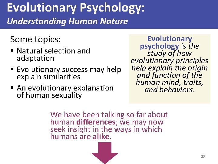 Evolutionary Psychology: Understanding Human Nature Some topics: § Natural selection and adaptation § Evolutionary