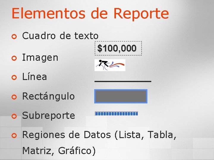 Elementos de Reporte ¢ Cuadro de texto $100, 000 Imagen ¢ Línea ¢ Rectángulo