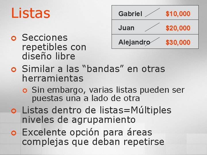 Listas ¢ ¢ ¢ $10, 000 Juan $20, 000 Secciones Alejandro $30, 000 repetibles