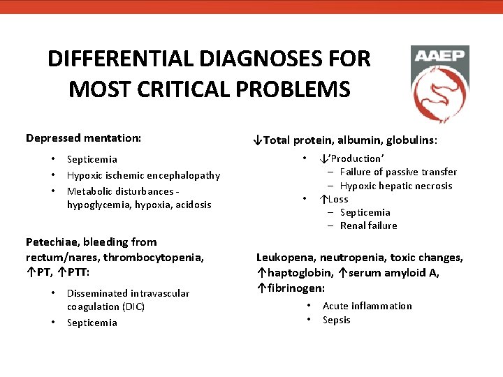 DIFFERENTIAL DIAGNOSES FOR MOST CRITICAL PROBLEMS Depressed mentation: • • • Septicemia Hypoxic ischemic DIFFERENTIAL DIAGNOSES FOR MOST CRITICAL PROBLEMS Depressed mentation: • • • Septicemia Hypoxic ischemic