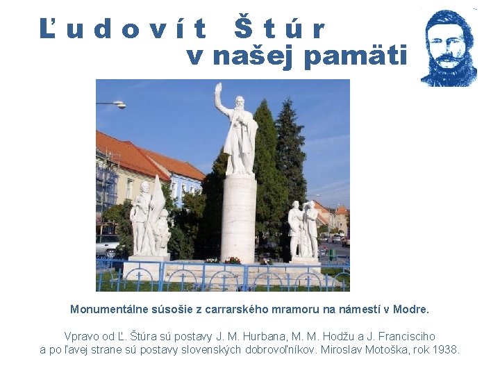 Ľudovít Štúr v našej pamäti Monumentálne súsošie z carrarského mramoru na námestí v Modre.