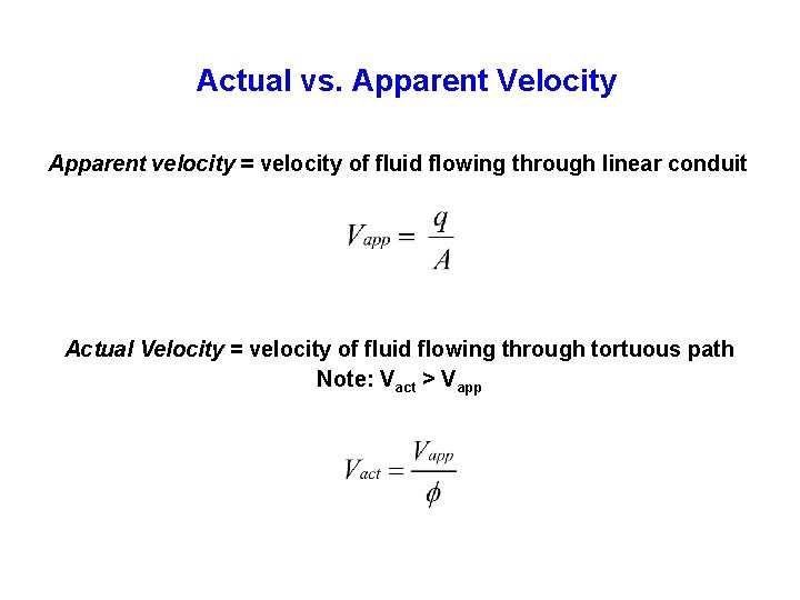 Actual vs. Apparent Velocity Apparent velocity = velocity of fluid flowing through linear conduit