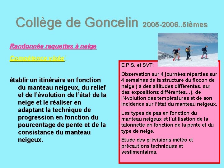 Collège de Goncelin 2005 -2006. . 5 ièmes Randonnée raquettes à neige Compétence visée: