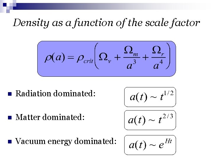 Density as a function of the scale factor n Radiation dominated: n Matter dominated: