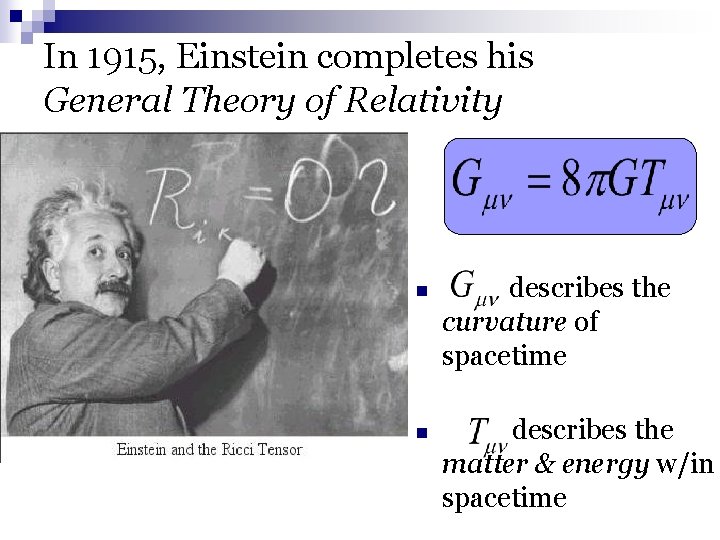 In 1915, Einstein completes his General Theory of Relativity n describes the curvature of