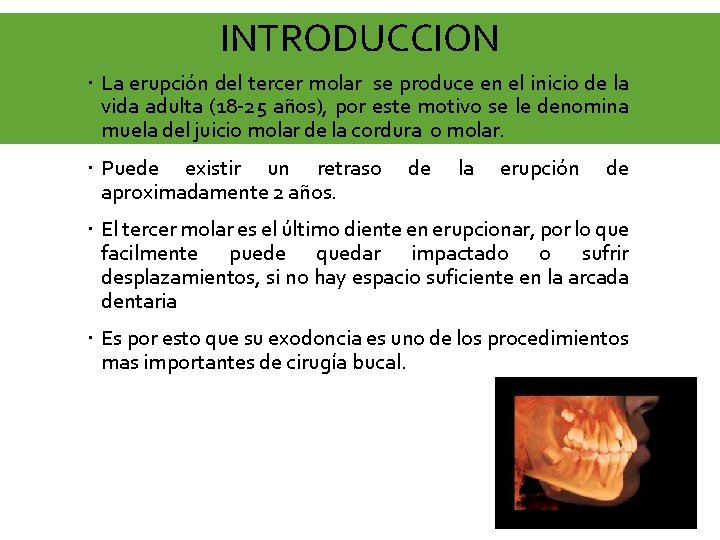 INTRODUCCION La erupción del tercer molar se produce en el inicio de la vida