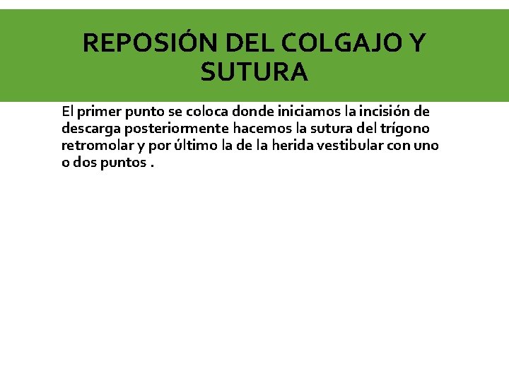 REPOSIÓN DEL COLGAJO Y SUTURA El primer punto se coloca donde iniciamos la incisión