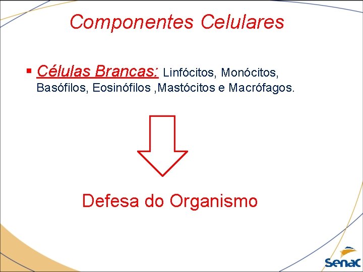 Componentes Celulares § Células Brancas: Linfócitos, Monócitos, Basófilos, Eosinófilos , Mastócitos e Macrófagos. Defesa