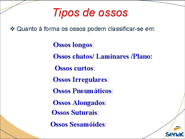 Tipos de ossos v Quanto à forma os ossos podem classificar-se em: Ossos longos: