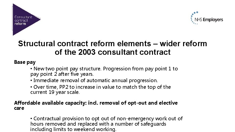Structural contract reform elements – wider reform of the 2003 consultant contract Base pay Structural contract reform elements – wider reform of the 2003 consultant contract Base pay