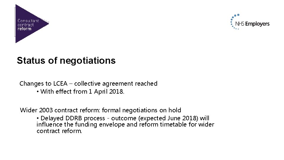 Status of negotiations Changes to LCEA – collective agreement reached • With effect from Status of negotiations Changes to LCEA – collective agreement reached • With effect from