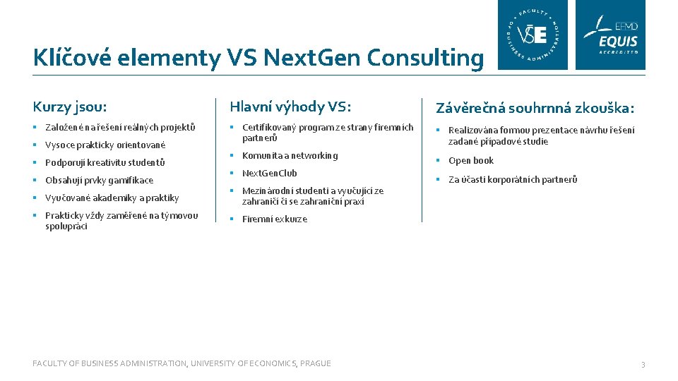 Klíčové elementy VS Next. Gen Consulting Kurzy jsou: Hlavní výhody VS: Závěrečná souhrnná zkouška: