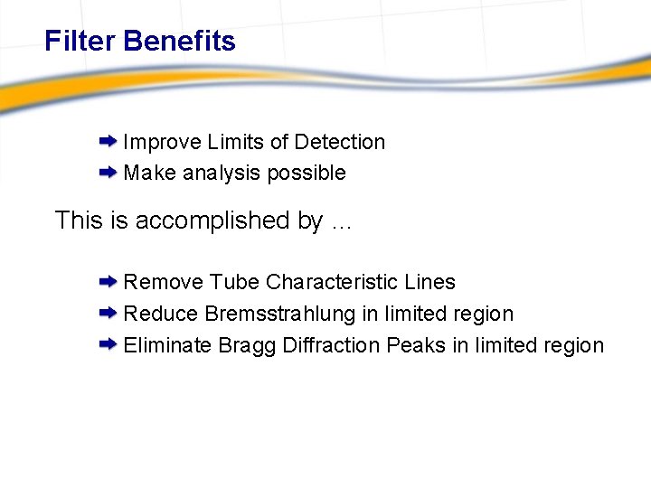 Filter Benefits Improve Limits of Detection Make analysis possible This is accomplished by …
