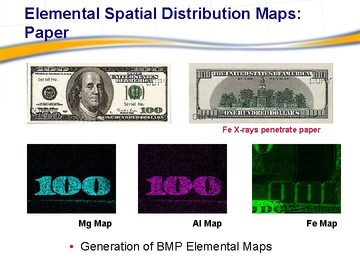 Elemental Spatial Distribution Maps: Paper Fe X-rays penetrate paper Mg Map Al Map •