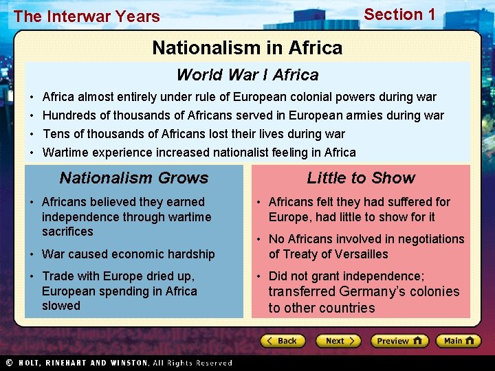 Section 1 The Interwar Years Nationalism in Africa World War I Africa • •