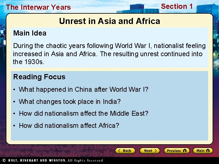 The Interwar Years Section 1 Unrest in Asia and Africa Main Idea During the