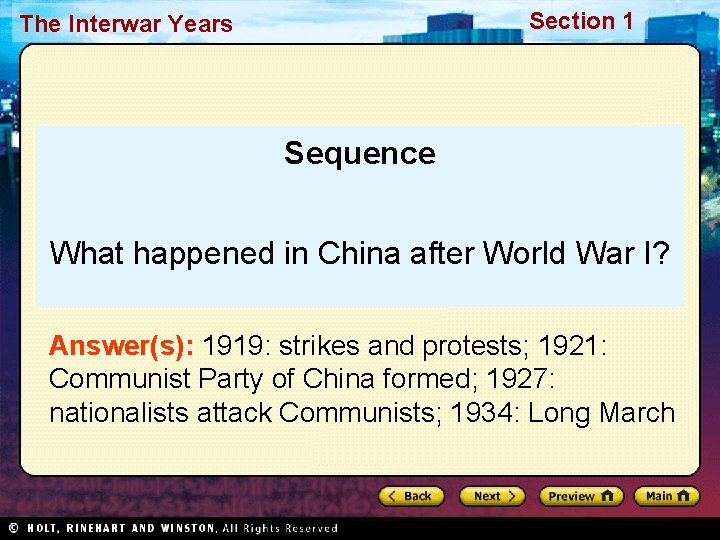 Section 1 The Interwar Years Sequence What happened in China after World War I?