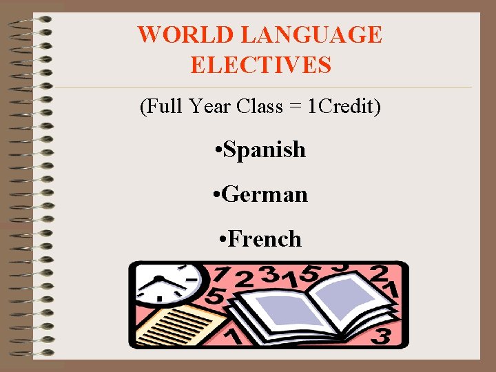 WORLD LANGUAGE ELECTIVES (Full Year Class = 1 Credit) • Spanish • German •