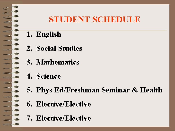 STUDENT SCHEDULE 1. English 2. Social Studies 3. Mathematics 4. Science 5. Phys Ed/Freshman