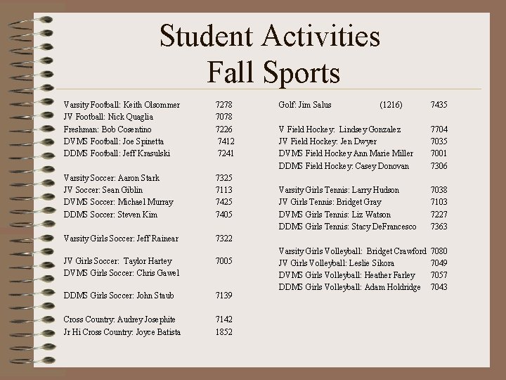 Student Activities Fall Sports Varsity Football: Keith Olsommer JV Football: Nick Quaglia Freshman: Bob