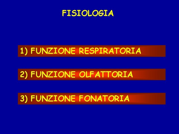 FISIOLOGIA 1) FUNZIONE RESPIRATORIA 2) FUNZIONE OLFATTORIA 3) FUNZIONE FONATORIA 