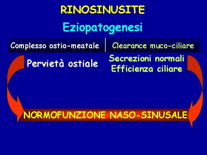 RINOSINUSITE Eziopatogenesi Complesso ostio-meatale Pervietà ostiale Clearance muco-ciliare Secrezioni normali Efficienza ciliare NORMOFUNZIONE NASO-SINUSALE