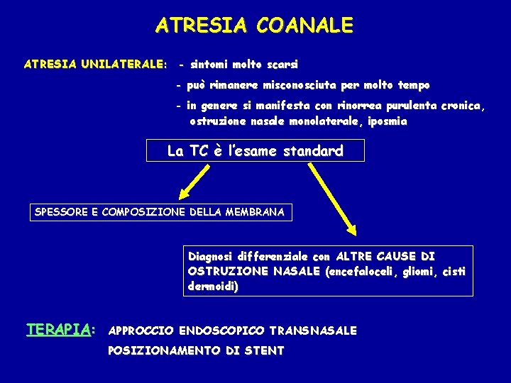 ATRESIA COANALE ATRESIA UNILATERALE: - sintomi molto scarsi - può rimanere misconosciuta per molto