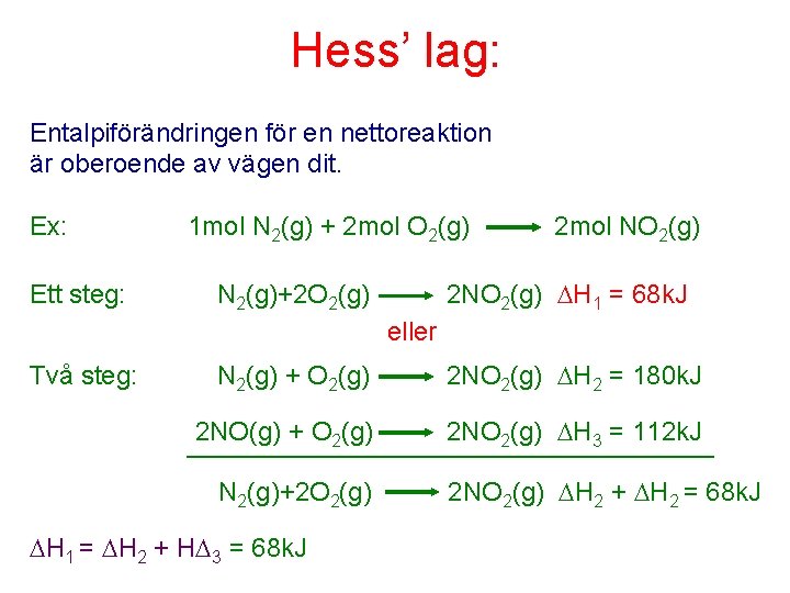 Hess’ lag: Entalpiförändringen för en nettoreaktion är oberoende av vägen dit. Ex: Ett steg: