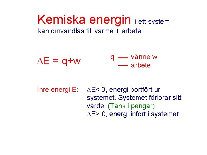 Kemiska energin i ett system kan omvandlas till värme + arbete E = q+w