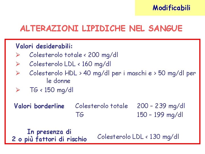 Modificabili ALTERAZIONI LIPIDICHE NEL SANGUE Valori desiderabili: Colesterolo totale < 200 mg/dl Colesterolo LDL
