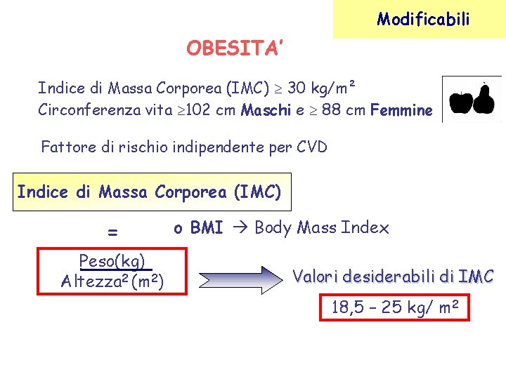 Modificabili OBESITA’ Indice di Massa Corporea (IMC) 30 kg/m² Circonferenza vita 102 cm Maschi