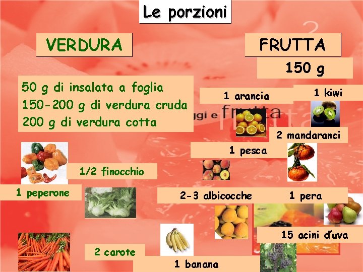 Le porzioni VERDURA FRUTTA 150 g di insalata a foglia 150 -200 g di