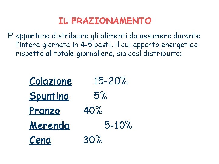 IL FRAZIONAMENTO E’ opportuno distribuire gli alimenti da assumere durante l’intera giornata in 4