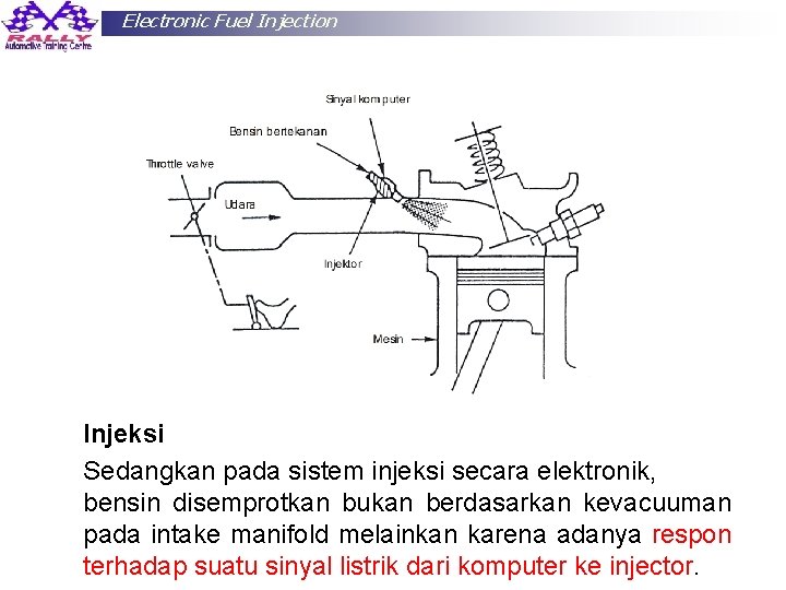 Electronic Fuel Injection Injeksi Sedangkan pada sistem injeksi secara elektronik, bensin disemprotkan bukan berdasarkan