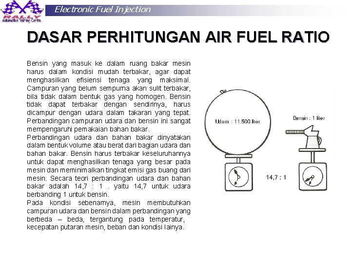 Electronic Fuel Injection DASAR PERHITUNGAN AIR FUEL RATIO Bensin yang masuk ke dalam ruang