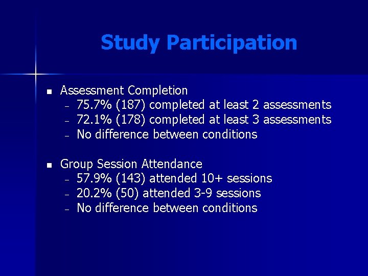 Study Participation n n Assessment Completion – 75. 7% (187) completed at least 2 Study Participation n n Assessment Completion – 75. 7% (187) completed at least 2