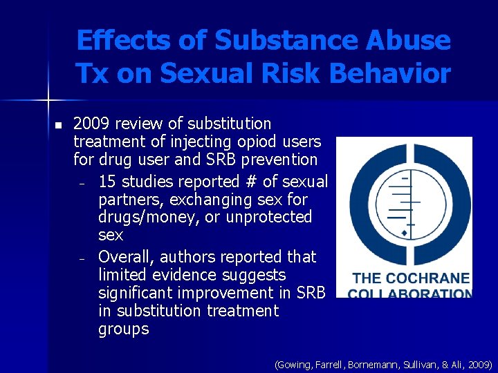 Effects of Substance Abuse Tx on Sexual Risk Behavior n 2009 review of substitution Effects of Substance Abuse Tx on Sexual Risk Behavior n 2009 review of substitution